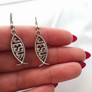 Silver Jesus Fish Earrings Hypoallergenic Hooks Gorgeous Party Gift